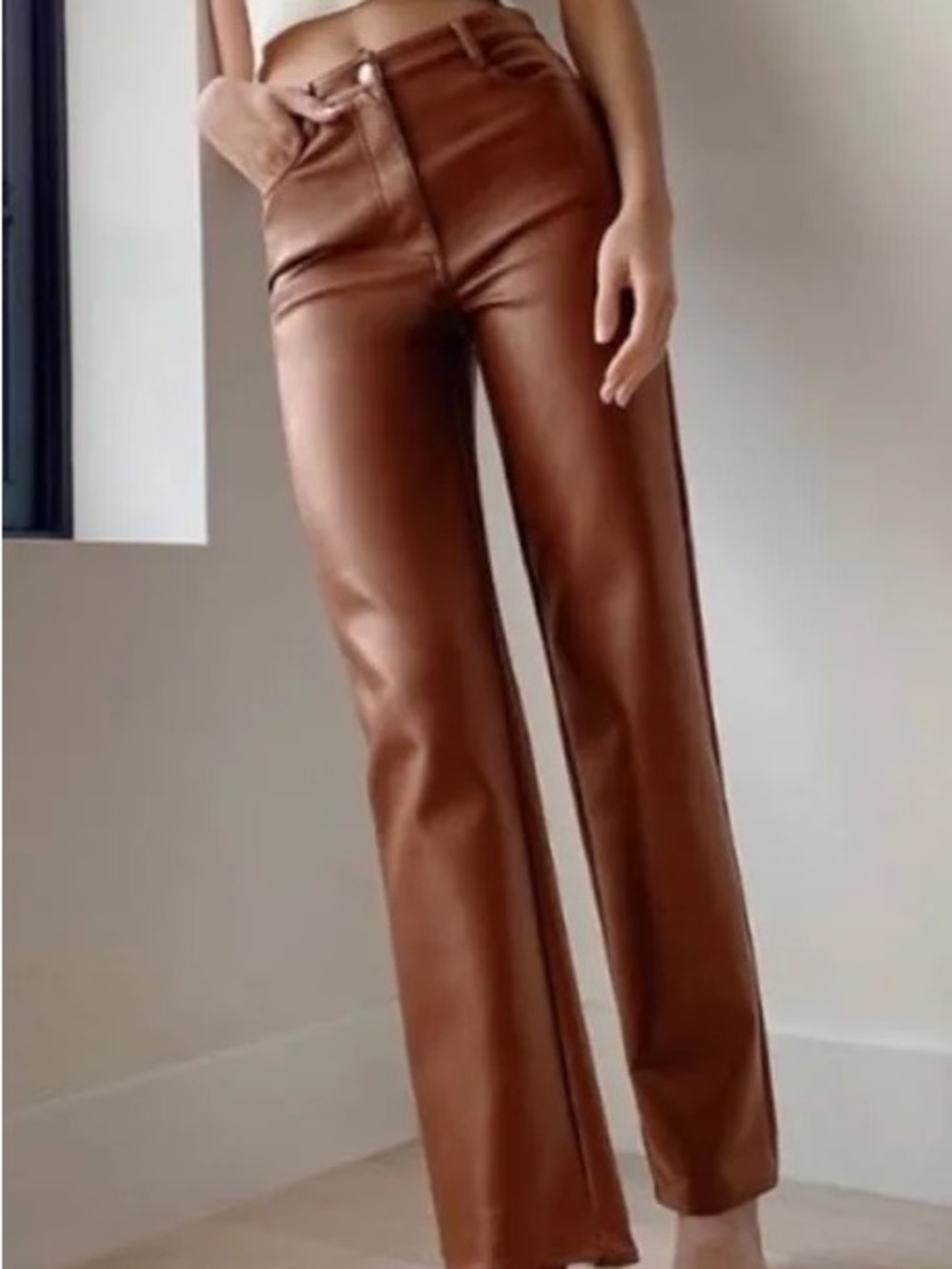 Wilfred Faux Leather Straight-Leg Pants in Cognac